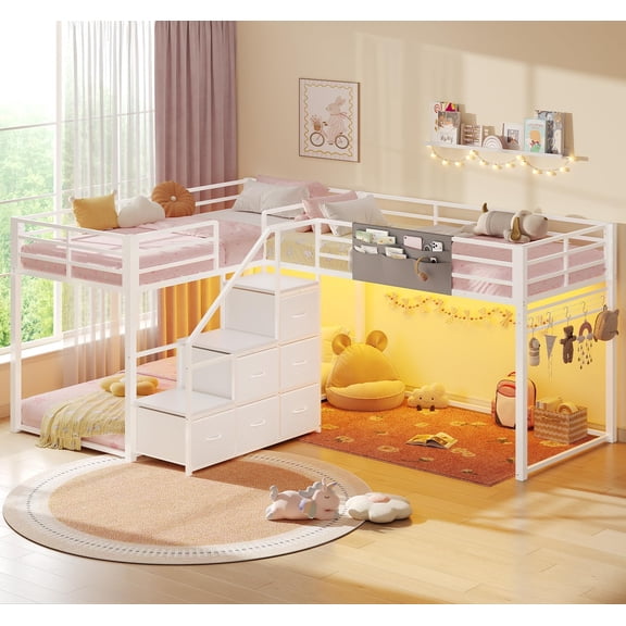 Toogaho Twin Quad Bunk Bed, L-Shaped Corner Metal Twin over Twin Bunk Bed Frame with Storage Stairs & LED Light & Guardrail,White