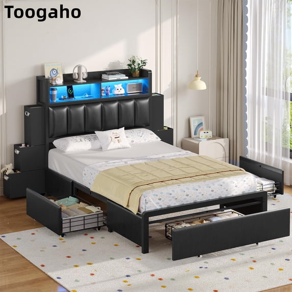 Toogaho Twin Size Bed Frame with 9 Storage Drawers & Bookcase Headboard, PU Upholstered Bed with LED Light & Charging Station, Heavy Duty Metal Slats, No Box Spring Needed,Black