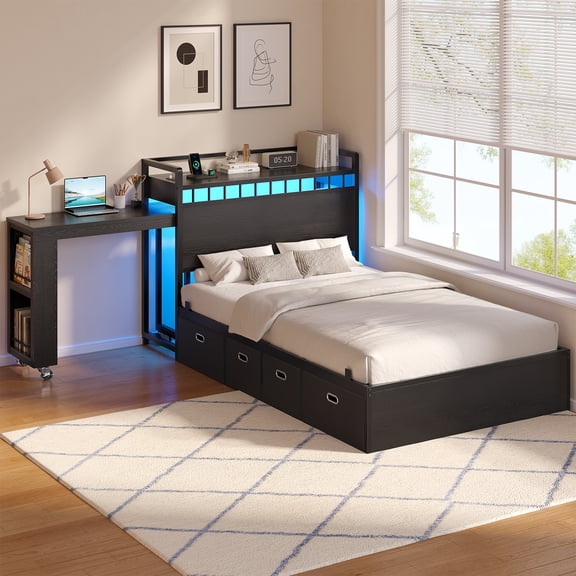Toogaho Twin Size Bed Frame with Pull-Out Study Desk & Storage Headboard,Metal Platform Bed with RGB Lights & 4 Drawers,Black