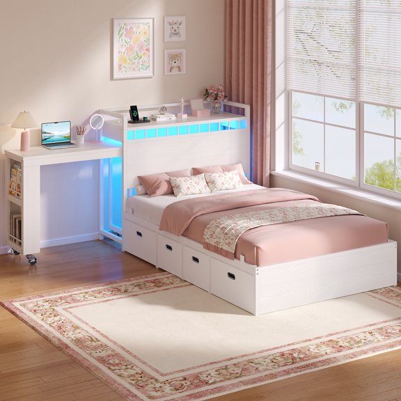 Toogaho Twin Size Bed Frame with Pull-Out Study Desk & Storage Headboard,Metal Platform Bed with RGB Lights & 4 Drawers,White