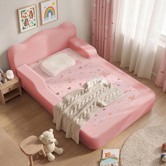 Toogaho Twin Size Cloud Bed Frame,Soft Boucle Upholstered Floor Platform Bed with Headboard and Guard Rails,Anti-Collision Soft Sponge Cushion,Round Corner,Pink