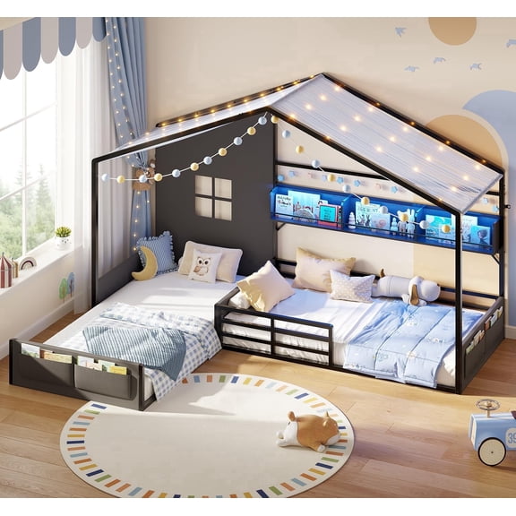 Toogaho Twin Size Floor Bed Frame with Storage & Led Light,Metal L-Shaped Montessori Bed for 2, No Box Spring Needed,Black