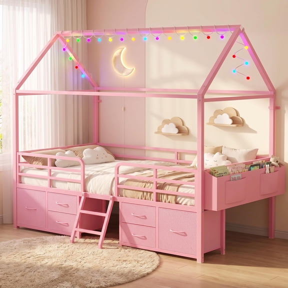 Toogaho Twin Size House Bed with 6 Storage Drawers & LED String Light & Bedside Caddy,Metal House-Shaped Bed Frame Platform Bed for Bedroom,No Box Spring Needed,Pink