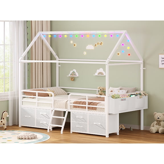 Toogaho Twin Size House Bed with 6 Storage Drawers & LED String Light & Bedside Caddy,Metal House-Shaped Bed Frame Platform Bed for Bedroom,No Box Spring Needed,White