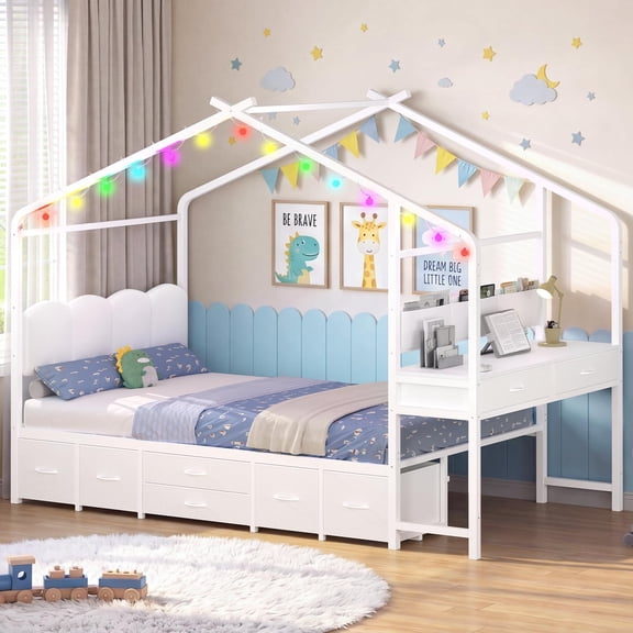 Toogaho Twin Size House Bed with Desk,6 Storage Drawers and Light,Metal Floor Bed with Padded Headboard,White