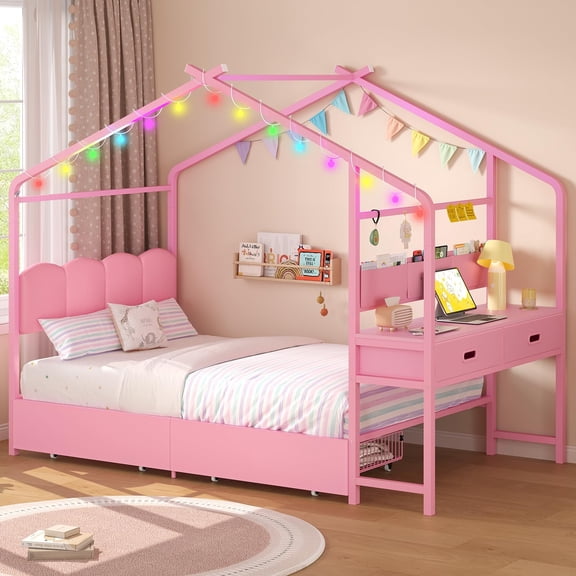 Toogaho Twin Size House Bed with Desk and Drawers,Metal Floor Bed, House-Shape Platform Bed Frame with Padded Headboard for Bedroom,Pink