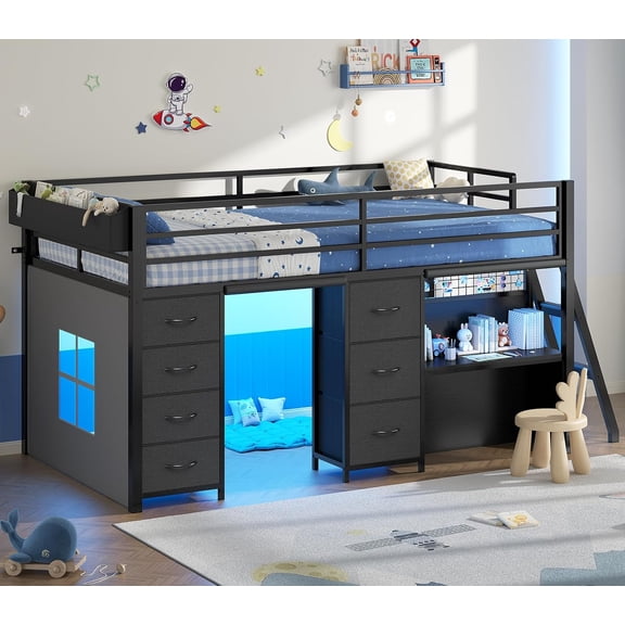 Toogaho Twin Size Low Loft Bed with Desk & 7 Storage Drawers & LED Lights,Metal Loft Bed Frame with 13.7"H Safety Guardrail & Inclined Ladder and Under-Bed Play Space,No Box Spring Needed,Black