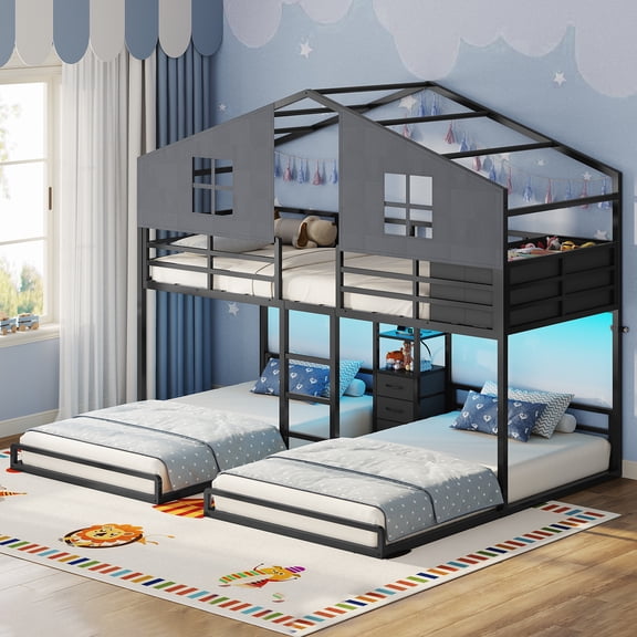 Toogaho Twin Triple Bunk Bed with Storage & Charging Station & LED Lights,Twin over Twin Size House-Shaped Metal Bunk Bed Frame,Black