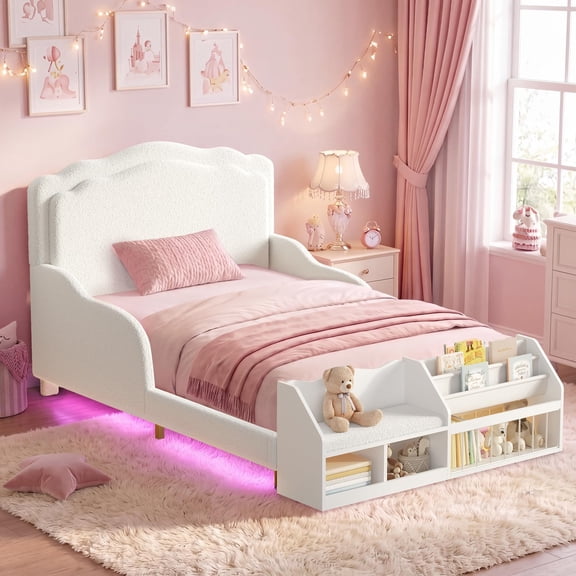 Toogaho Twin Upholstered Bed,Soft Teddy Fleece,Floor Platform Bed with Guard Rails and Bookcase,Beige