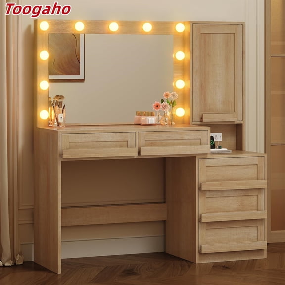 Toogaho Vanity Desk with Large Mirror and Lights, Makeup Vanity with Charging Station, Makeup Table with 5 Drawers & Dustproof Cabinet, Natural Oak