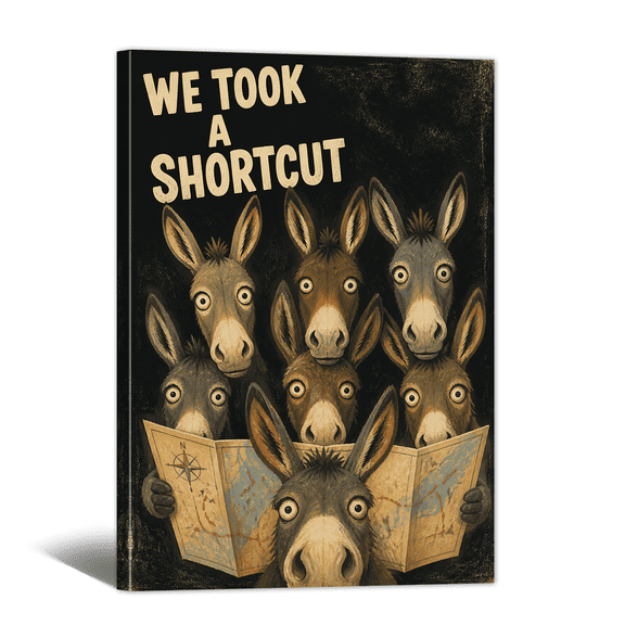 We Took A Shortcut Canvas Wall Art Funny Donkeys Looking You Placard Print, Whimsical Abstract Artwork Humorous Animals Painting for Home, Bedroom, Bathroom Wall Decor