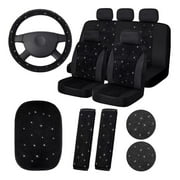 Tookss 15 Pieces Bling Car Accessories Set For Women Crystal Steering Wheel Cover Bling Velvet Breathable Seat Cover Kit