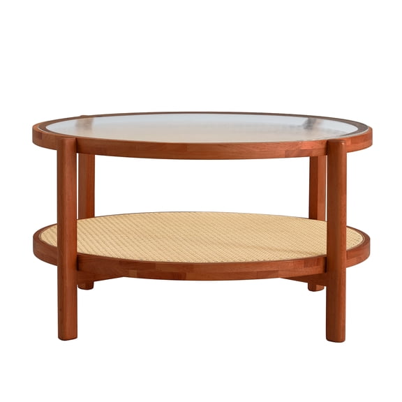 Tookss 2-Tier Round Rattan Tea Table with Tempered Glass Tabletop Coffee Table for Living Room Dining Room Bedroom