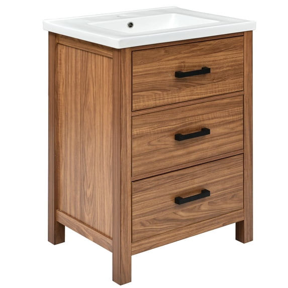 Tookss 24 inch Freestanding Bathroom Vanity With 3 Storage Drawers Single Sink Natural Color Bathroom Storage Cabinet For Home Decoration