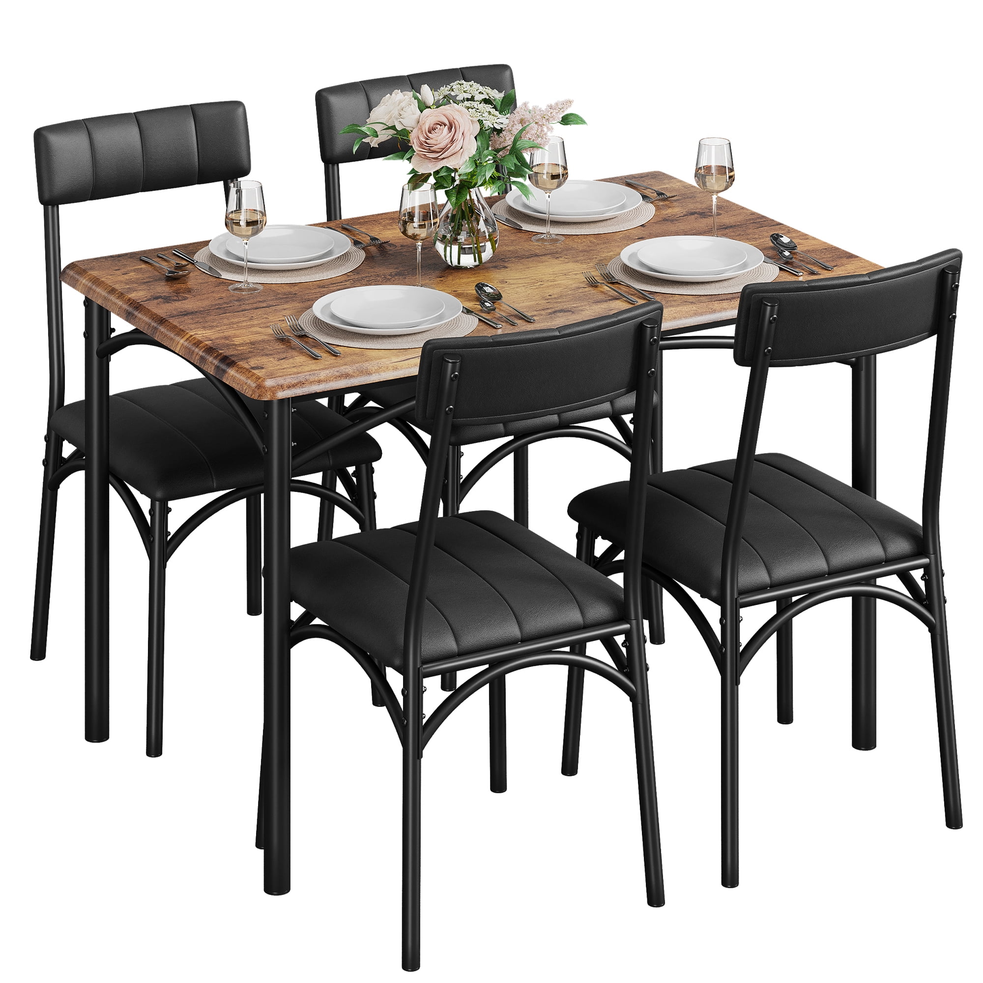 Rustic Brown MDF and Metal Dining Set with Black PU Leather Chairs