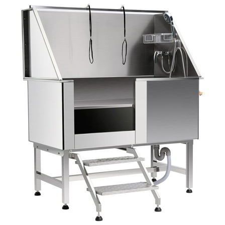 Tookss 50" Dog Grooming Bathtub - Large Capacity Stainless Steel Dog Bathing Station with Faucet, Pet Grooming Tub with Sprayer, Drain, Left Sliding Door & Retractable Ladders