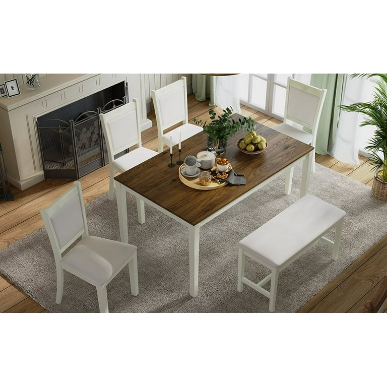 Tookss 60 x 36 Inch Rustic Solid Wood Dining Table Set Kitchen Table Set 1 Rectangular Table 4 Upholstered Chairs 1 Bench Walmart