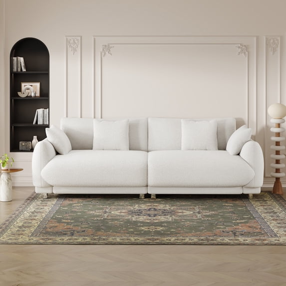 Tookss 86.6 Inch Teddy Wool Sofa, with 4 Throw Pillows, Hardware Feet,Solid Wood Frame, Mid Century Comfortable Couche for Apartment