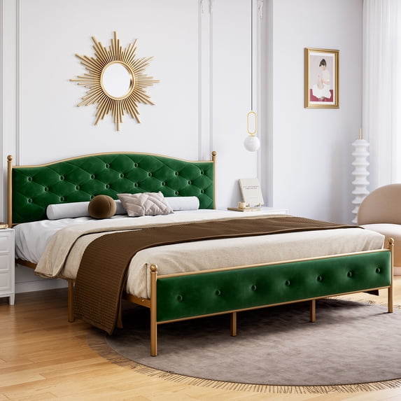 Tookss Full/Queen /King Size Bed Frame, Velvet Upholstered Platform Bed with Button Tufted Headboard, Heavy Duty Mattress Foundation with Solid Wood Slats Support, No Box Spring Needed