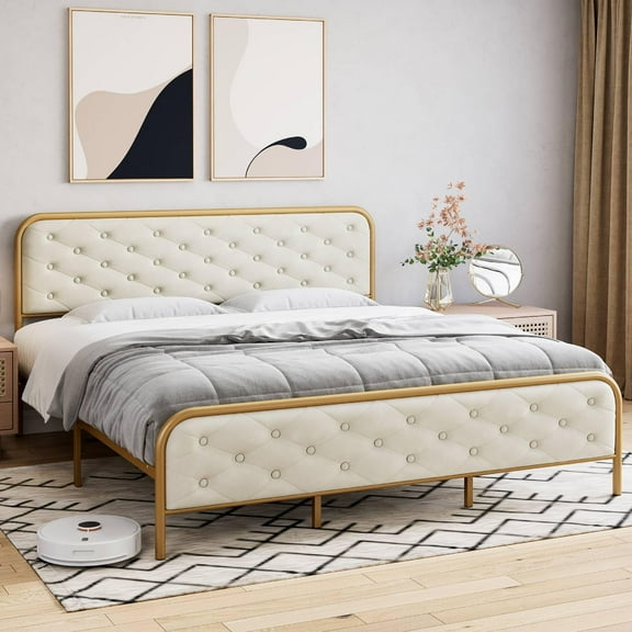 Tookss Full/Queen/King Size Metal Bed Frame with Button Tufted Curved Headboard, Velvet Upholstered Platform Bed Frame, HeavyDuty Mattress Foundation, Noise Free, No Box Spring Needed
