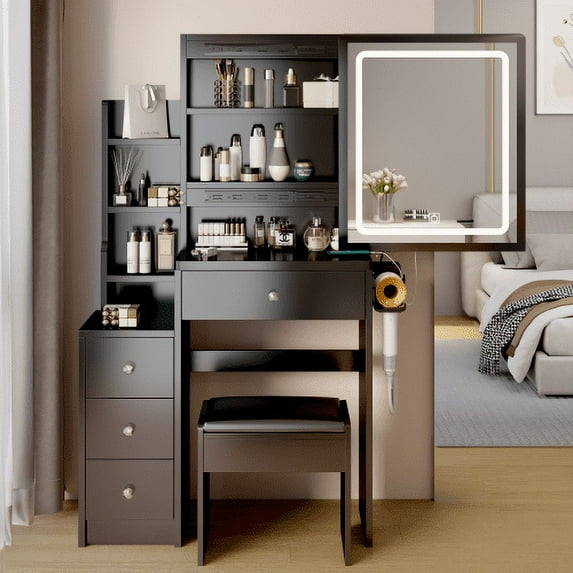 Tookss Left Drawer Desktop Makeup Vanity Table with Cushioned Stool,Touch Control Sliding LED Mirror,Brightness Adjustable,2 AC+2 USB Power Station,Hair Dryer Bracket,Open Storage Shelf