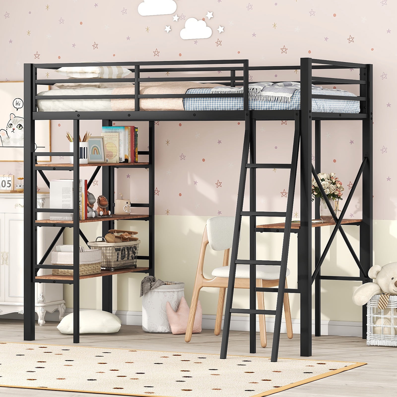 Tookss Multifunctional Metal Loft Bed With Builtin Desk 3 Shelves