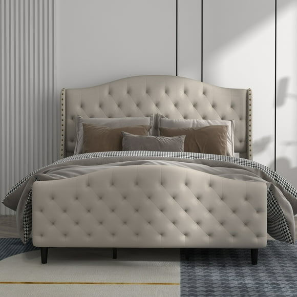 Tookss Queen Size Tufted Upholstered Platform Bed Frame with Headboard and Footboard, Velvet Platform Bed Raised Wing Back Headboard