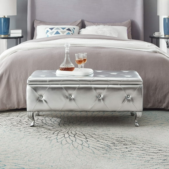Tookss Upholstered Storage Ottoman Bench with Crystal Button, Metal Legs,Footrest,Faux Leather Rectangular End Of Bed Upholstered Bed Bench Vanity Stool for Bedroom, Entryway(Silver)