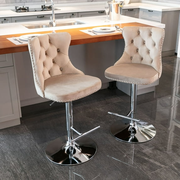 Tookss Velvet Barstools Set Of 2, Adjusatble Seat Height From 22-25 In Swivel Upholstered Bar Stools With T-Shaped Footrest And Rivet Decoration Velvet Barstools