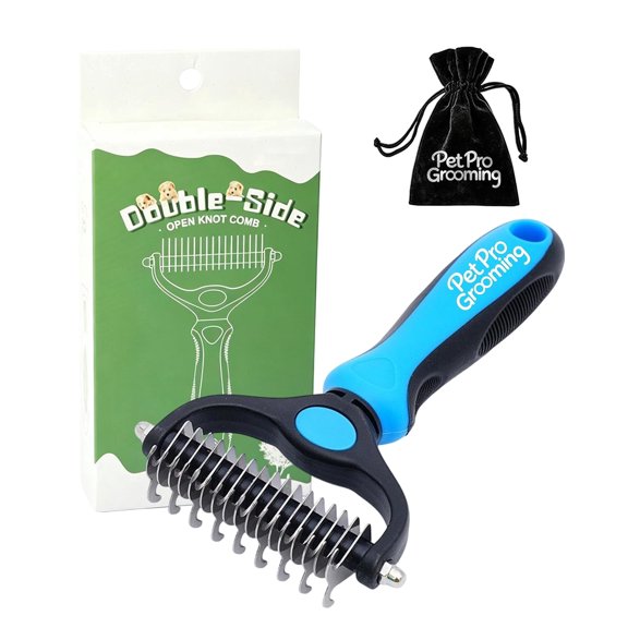 dog deshedding brush 2-In-1 Deshedding Dog Brush, Double-Sided Grooming Tool for Thick Coats, Rounded-Tooth Comb for Painlessly Removing Knots and Loose Hair (Blue-Large)