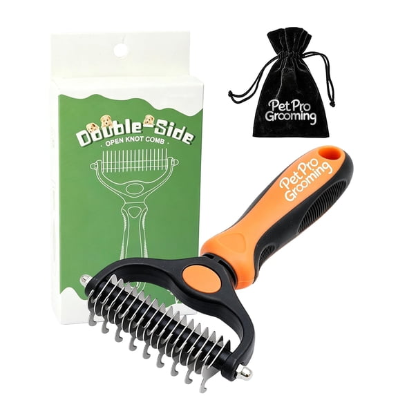 Tool, 2-In-1 Deshedding Dog Brush, Double-Sided Grooming Tool for Thick Coats, Rounded-Tooth Comb for Painlessly Removing Knots and Loose Hair (Orange-Large)