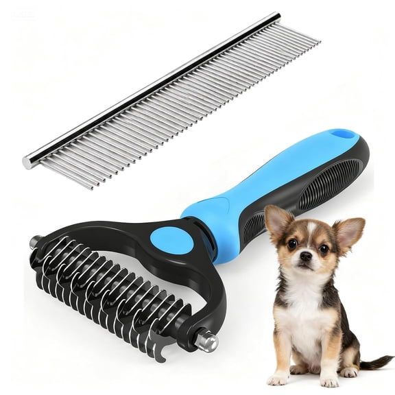 2-in-1 Double-Sided Thick Coat Dog Grooming Tool, Deshedding Brush Rounded-Tooth Comb for Painlessly Removing Knots and Loose Pet Hair (Blue-Large)