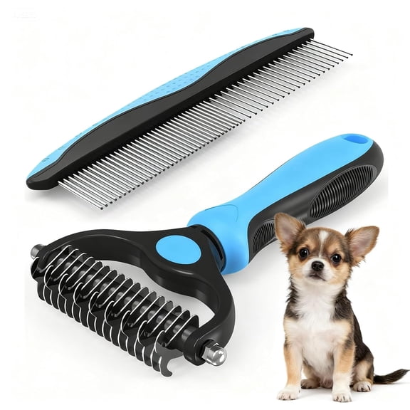 2-in-1 Double-Sided Thick Coat Dog Grooming Tool, Deshedding Brush Rounded-Tooth Comb for Painlessly Removing Knots and Loose Pet Hair (Blue-Large)