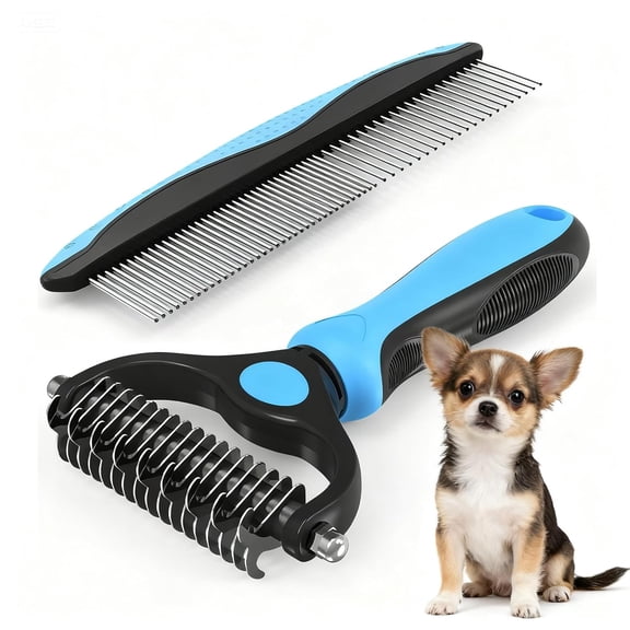 Tool, 2-In-1 Double-Sided Grooming Tool, Deshedding Dog Brush, Pet Shedding Remover Rounded-Tooth Comb For Painlessly Removing Knots And Loose Hair (Blue-Large)