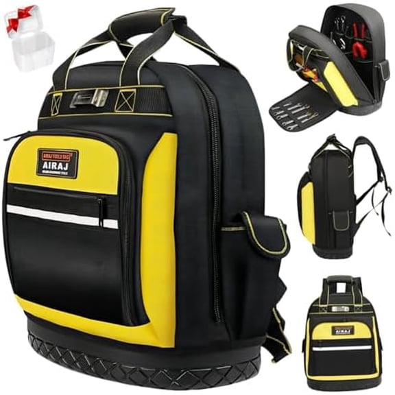 Tool Backpack,17"Heavy Duty Tool Backpack Bag with Waterproof Molded Base,Durable Multi-Use Pocket Electrician & Industrial & Construction Work Backpack,Black/Yellow$$Tools