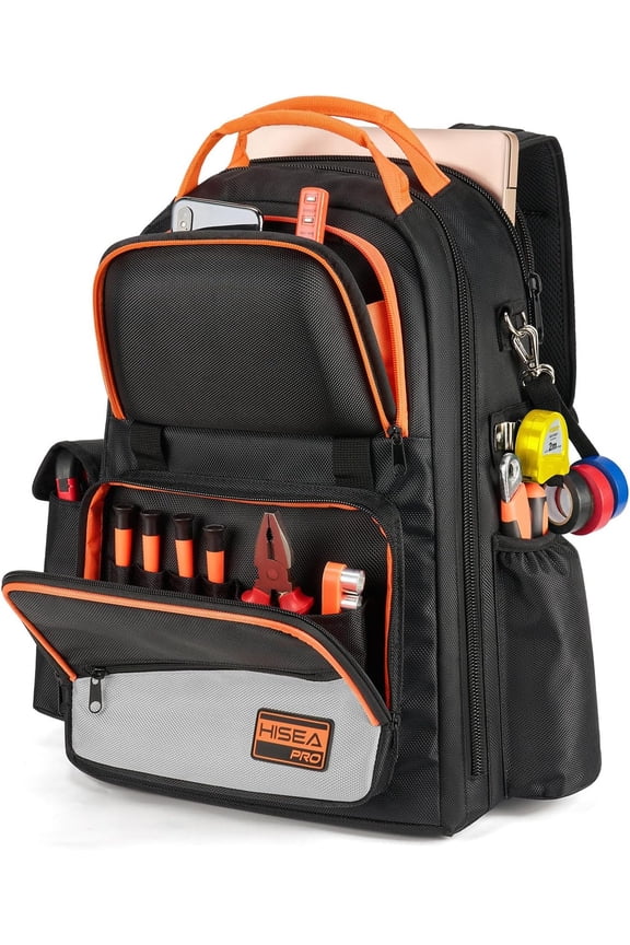 Tool Backpack, 18-Inch Heavy Duty Tool Bag with 37 Pockets, 1680D Waterproof Pro Tools Organizer and Storage for Electricain, Mechanic, Plumber with Laptop Compartment