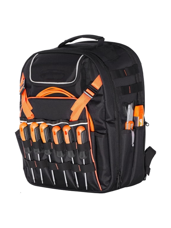 Tool Backpack 45 Pockets 1680D Oxford 50 lbs Capacity with Laptop Compartment for Electrician