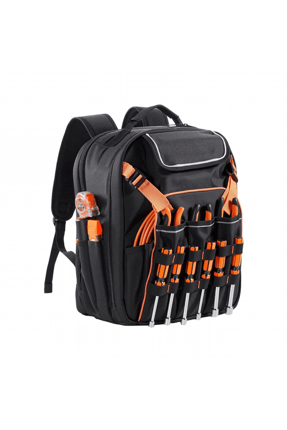 Tool Backpack 45 Pockets Heavy Duty Electrician Jobsite Backpack with Laptop Compartment, Repairman Work Bag, Reinforced Base