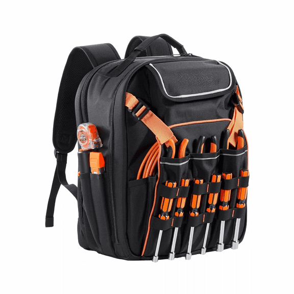Tool Backpack 45 Pockets - Heavy Duty Electrician Jobsite Organizer Bag with Laptop Compartment, Reinforced Base for Repairmen & Technicians