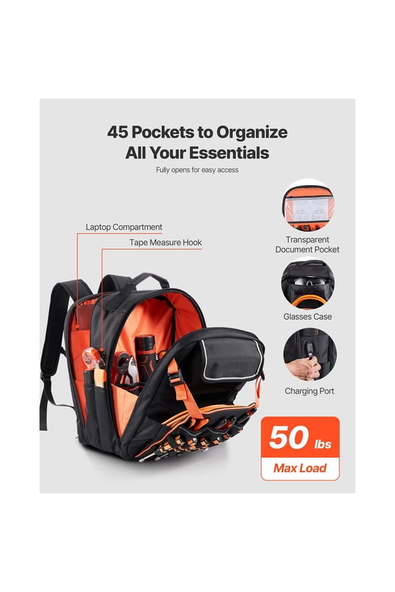 Tool Backpack, 45 Pockets, Heavy-duty Tools Storage Organizer Work Bags with Laptop Compartment & Reinforced Fabric Basee, Electrician Jobsite Backpack for Electrician, Repairman