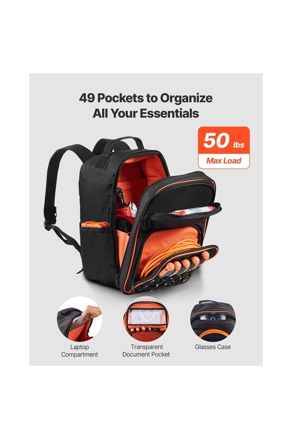 Tool Backpack, 49 Pockets, Heavy-duty Tools Storage Organizer Work Bags with Laptop Compartment & Reinforced Fabric Base, Electrician Jobsite Backpack for Electrician, Repairman