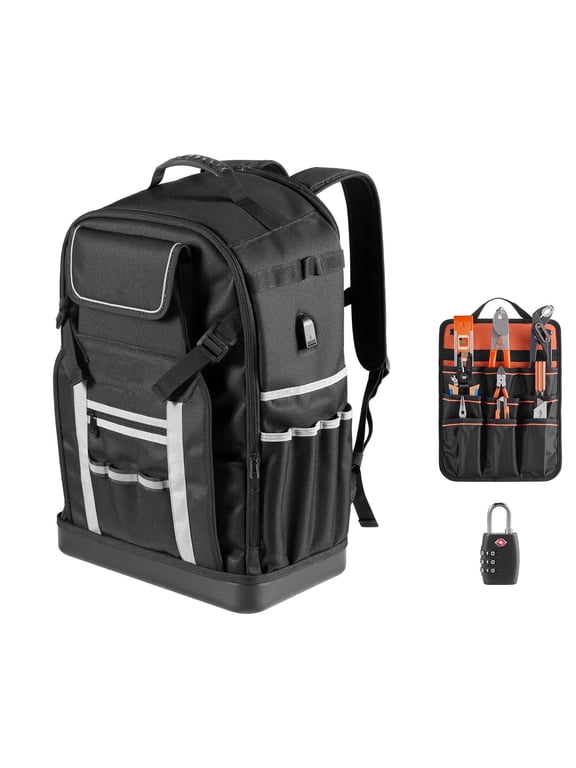 Tool Backpack 56 Pockets, 100 lbs Capacity, Ballistic Nylon, Combination Lock, Charging Port, for Electrician Plumber HVAC