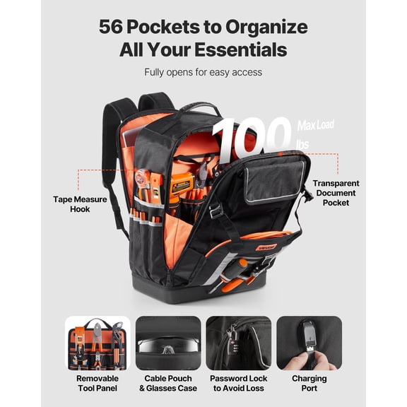 Tool Backpack,56 Pockets,Heavy-duty Tools Storage Organizer Bags with Molded Base,Electrician Jobsite Backpack for Construction Jobsite,Electrician,Industrial,Repairman,and HVAC Techs