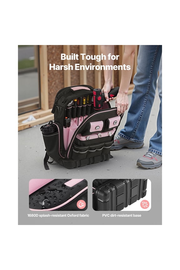 Tool Backpack,56 Pockets,Heavy-duty Tools Storage Organizer Work Bags with Laptop Compartment&Molded Base,Electrician Jobsite Backpack for Electrician,Repairman,and HVAC Techs