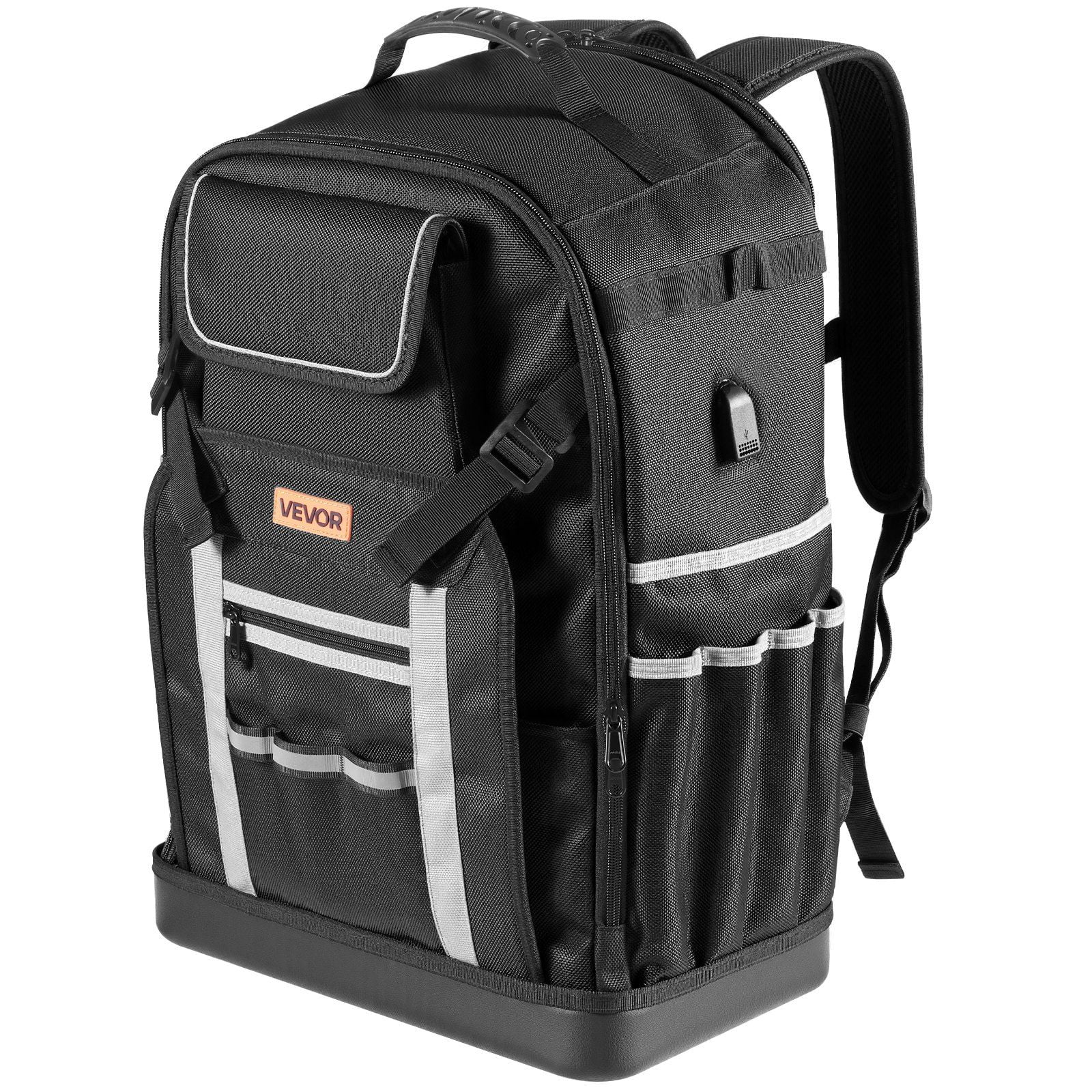 Tool Backpack with 56 Pockets and Splash-Resistant 1680D Nylon, Jobsite Tool Bag with Stable PVC Base, Padded Straps, Lock, and Charging Port for Electricians, Plumbers, and Heavy-Duty Outdoor Work