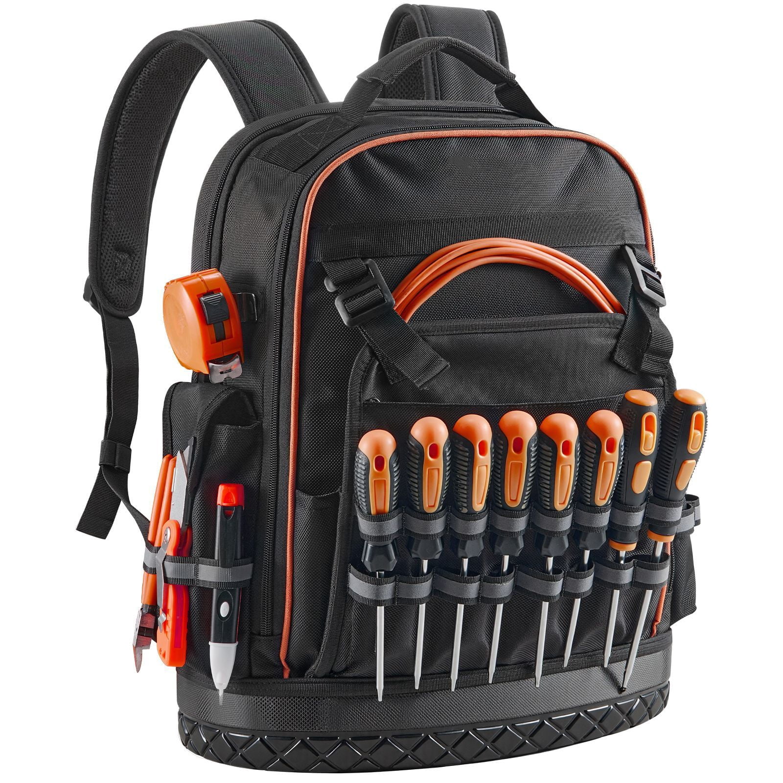 Tool Backpack 64 Pockets, 70 lbs Capacity, Heavy-Duty Oxford Fabric, Laptop Compartment, Molded Base, for Electrician Plumber HVAC