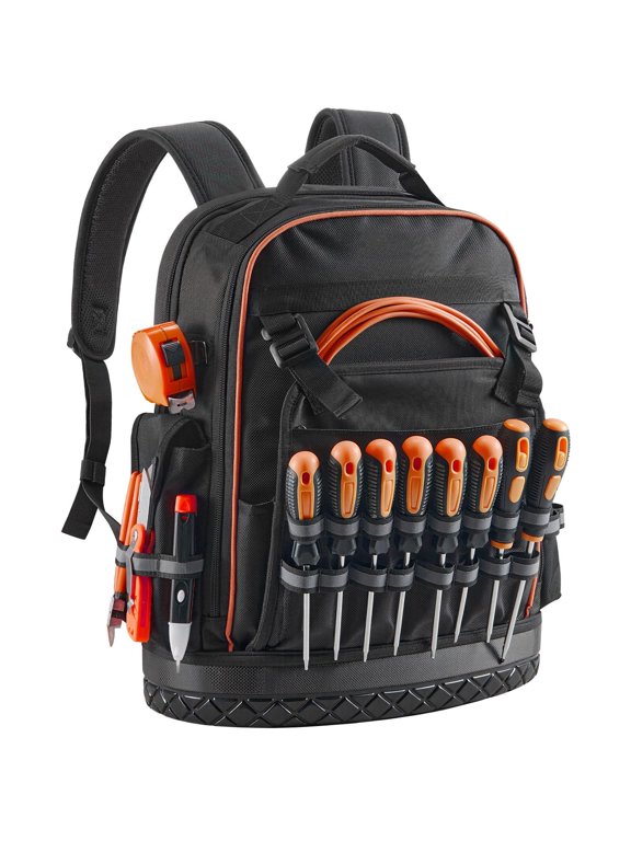 Tool Backpack 64 Pockets, 70 lbs Capacity, Heavy-Duty Oxford Fabric, Laptop Compartment, Molded Base, for Electrician Plumber HVAC