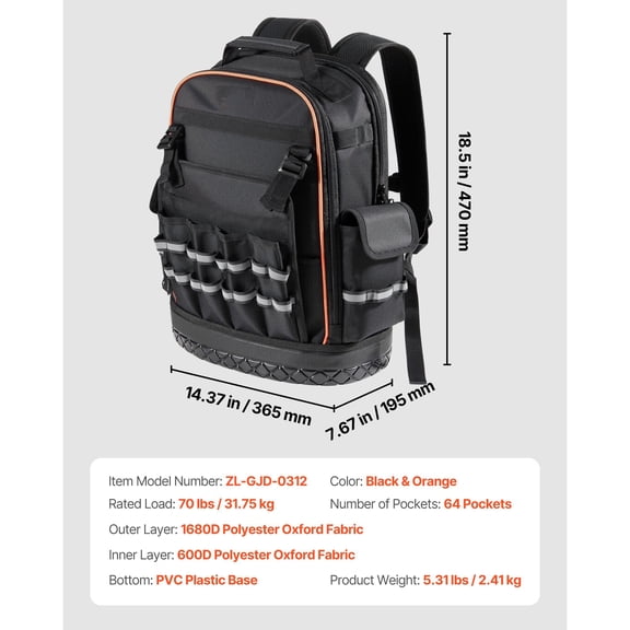 Tool Backpack 64 Pockets Heavy Duty Tool Storage Organizer Work Bag with Laptop Compartment and Molded Base Electrician Jobsite Backpack for Electrician Repairman and HVAC Techs