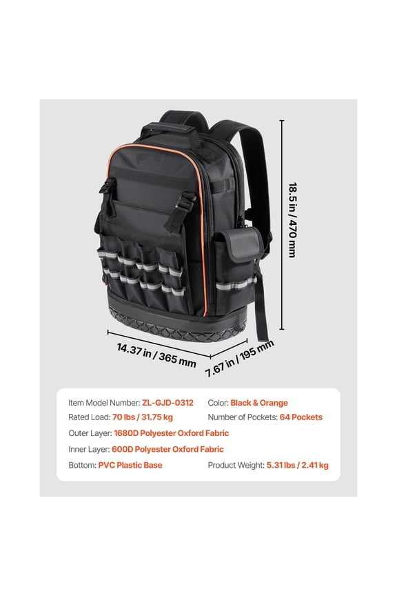 Tool Backpack, 64 Pockets, Heavy-duty Tools Storage Organizer Work Bags with Laptop Compartment & Molded Base, Electrician Jobsite Backpack for Electrician, Repairman, and HVAC Techs