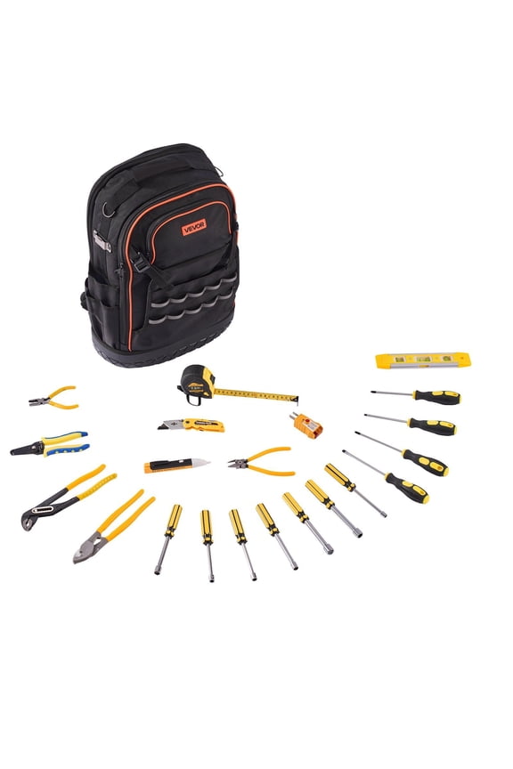 Tool Backpack with 65 Pockets and 21-Piece Tool Set, Tear-Resistant Jobsite Backpack with Laptop Compartment, Transparent Pouch, Ergonomic Straps, Durable Oxford Fabric for Electricians, Plumbers